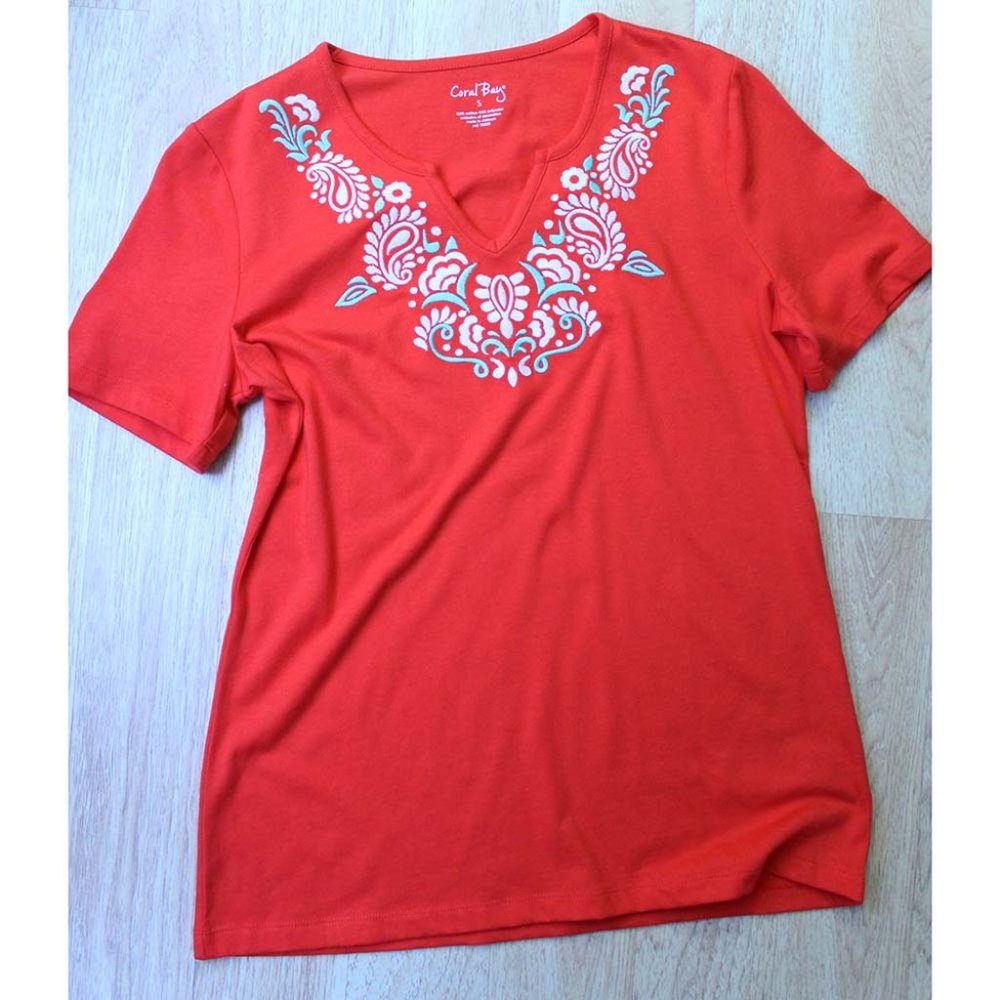 Lovely Red Tee Embroidered Neckline Stretch Soft